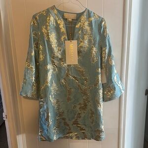 Blue and Gold Sheath Dress with Bell Sleeves